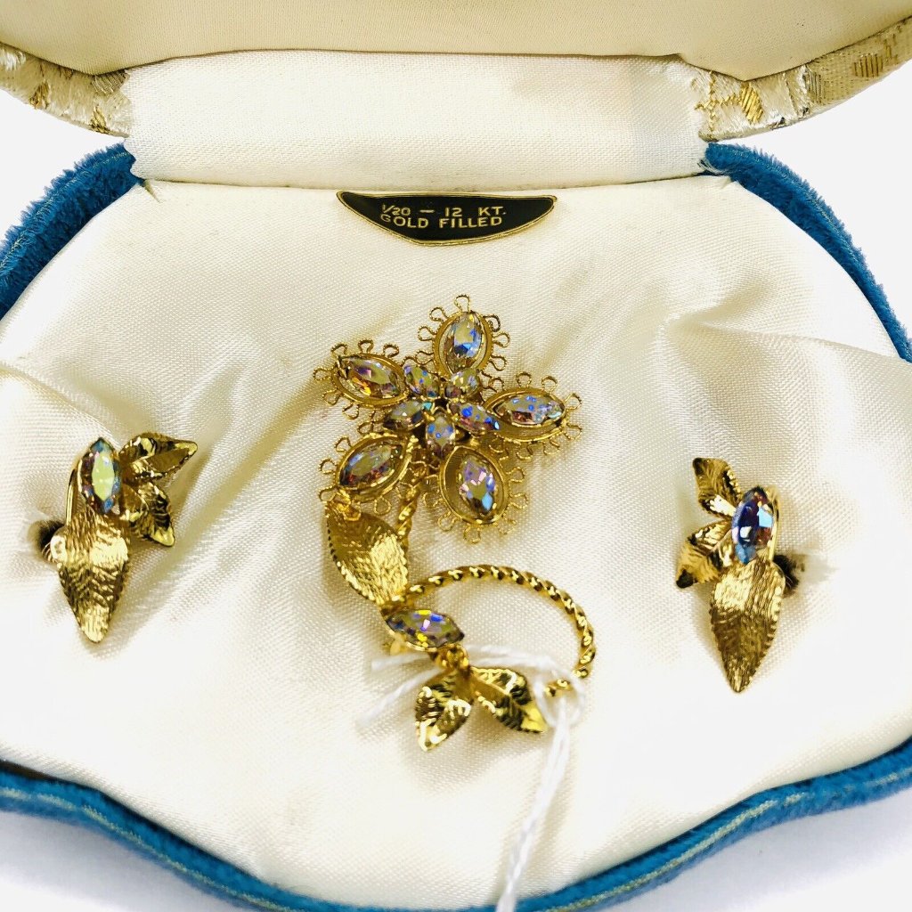 Vtg Star-Art Brooch & Earrings Set 12k Gold Filled Aurora Borealis Rhinestones